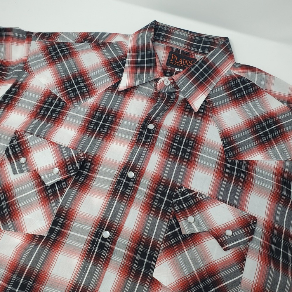 Plains Western Wear Shirt Mens XL Short Sleeve Red Black Plaid Pearl Snap Button